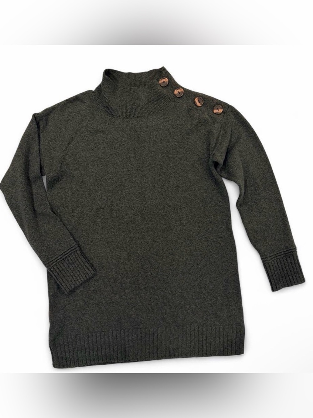 LOFT NWT Dark Green Button Shoulder Mock Neck Tunic Sweater Size S